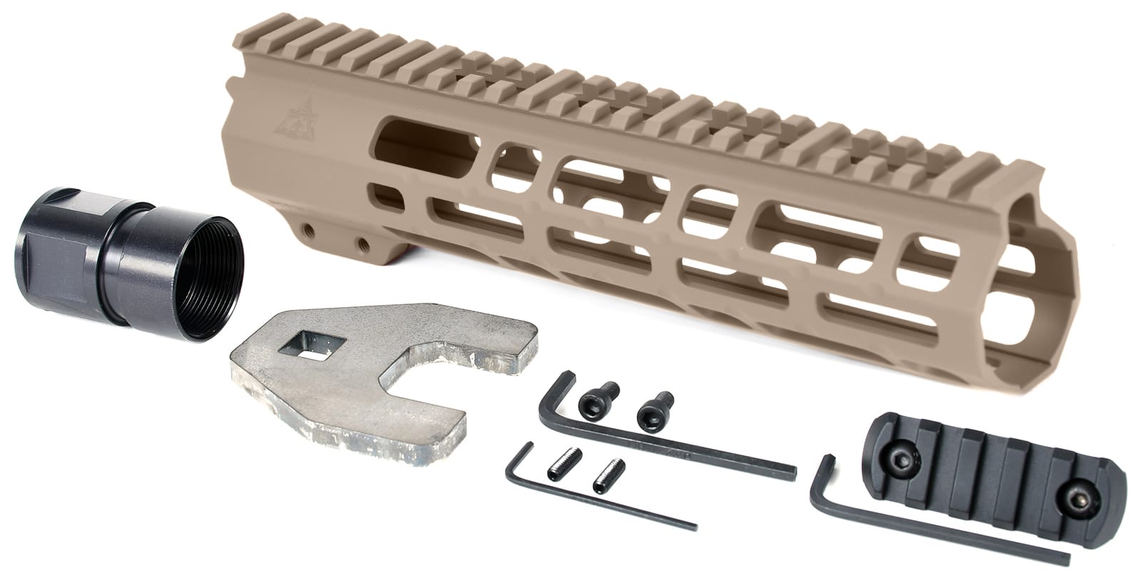 AT3 Tactical Spear M-LOK Free Float Handguard Flat Dark Earth 9 Inch with Barrel Nut, 5 Slot Rail, and Hardware