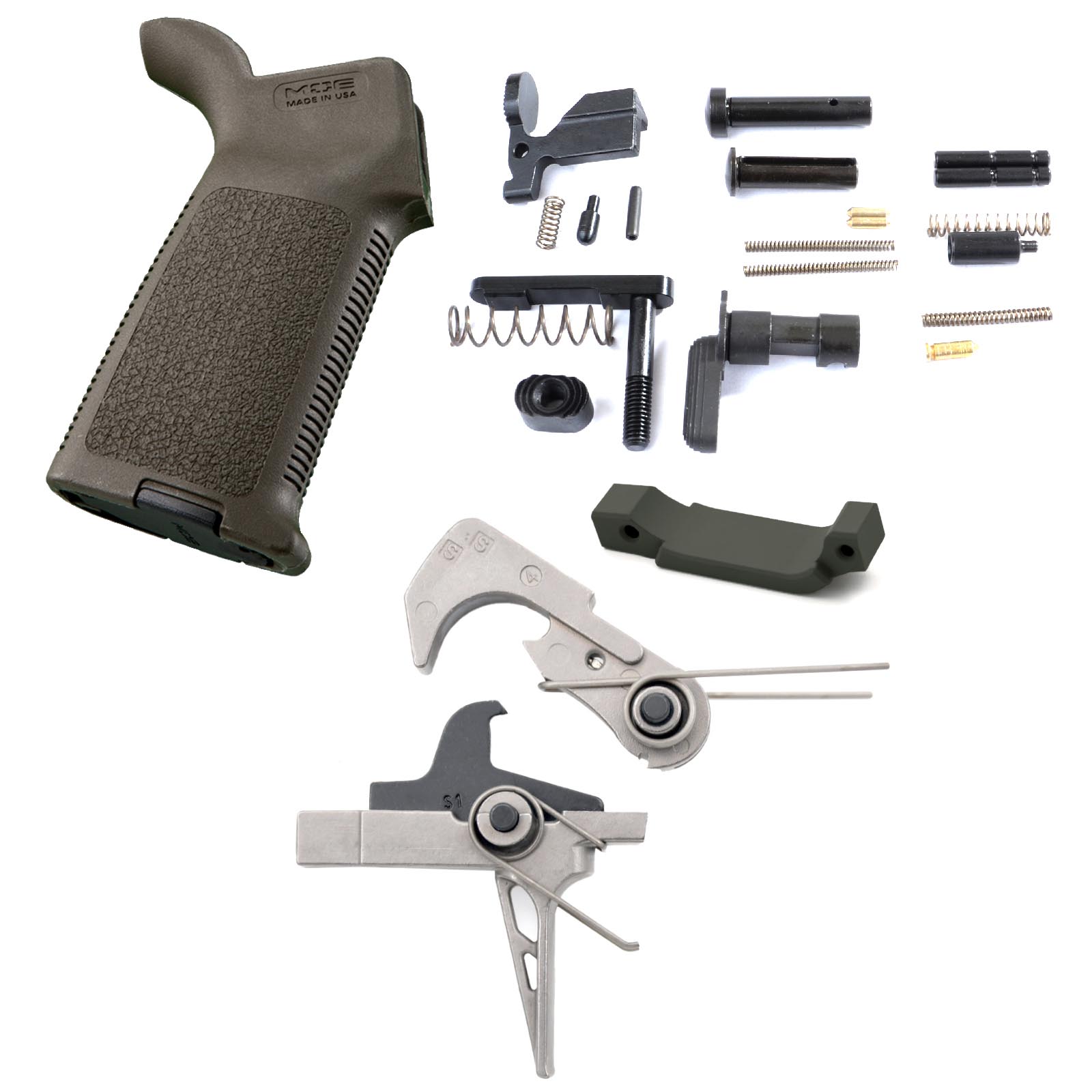 Unknown AT3(TM) Enhanced Lower Parts Kit with Nickel Teflon Trigger and Magpul MOE Grip for AR-15 (Color: OD Green, Trigger Bow: Flat)