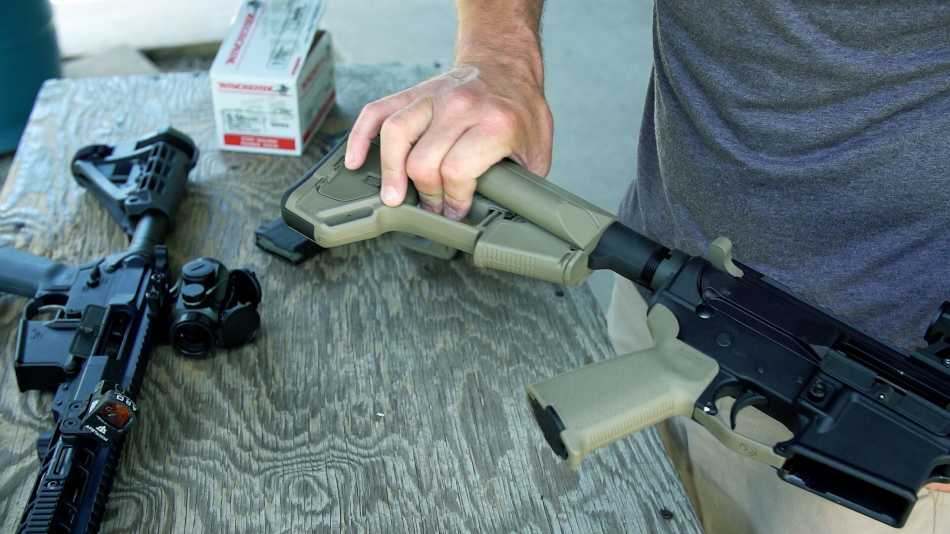 AR-15 stocks lined up for a side-by-side comparison