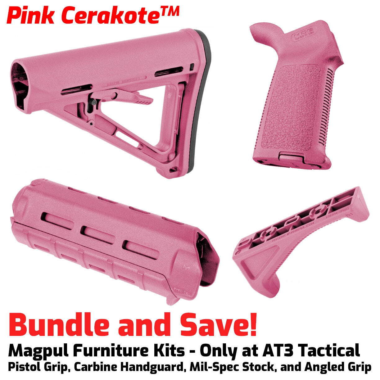Unknown Magpul MOE M-LOK AR-15 Furniture Kit - Stock, Carbine Handguard & Grip (Color: Pink Cerakote, Optional Foregrip: M-Lok Angled Foregrip)