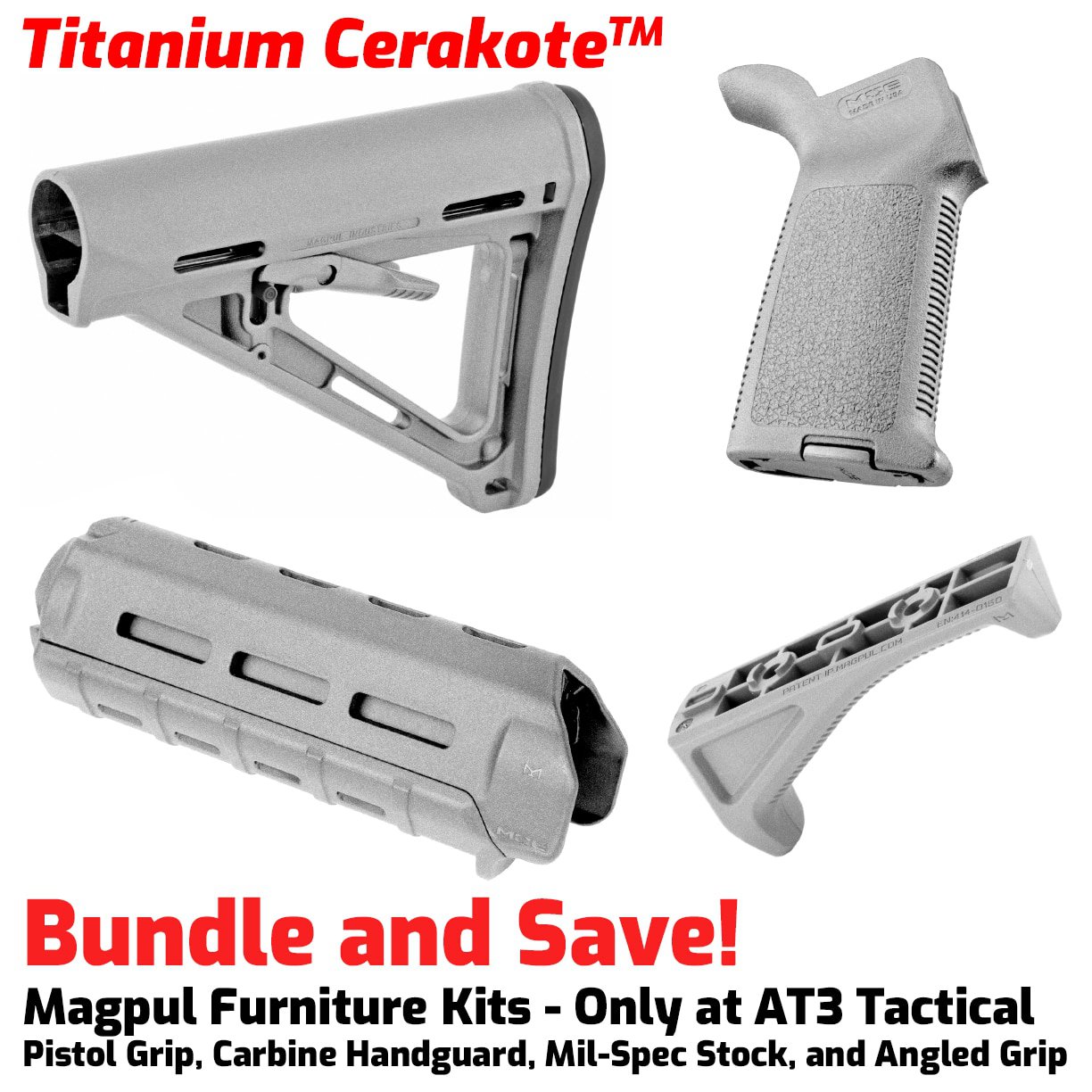 Unknown Magpul MOE M-LOK AR-15 Furniture Kit - Stock, Carbine Handguard & Grip (Color: Titanium, Optional Foregrip: M-Lok Angled Foregrip)