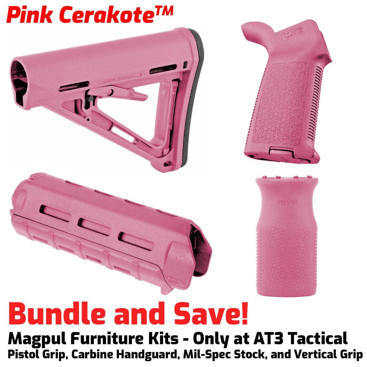 Unknown Magpul MOE M-LOK AR-15 Furniture Kit - Stock, Carbine Handguard & Grip (Color: Pink Cerakote, Optional Foregrip: M-Lok Vertical Foregrip)