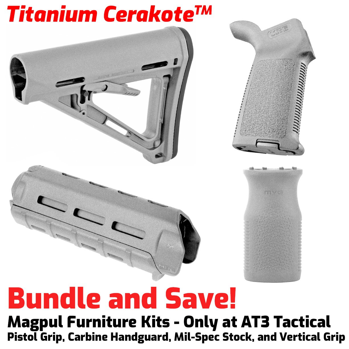 Unknown Magpul MOE M-LOK AR-15 Furniture Kit - Stock, Carbine Handguard & Grip (Color: Titanium, Optional Foregrip: M-Lok Vertical Foregrip)