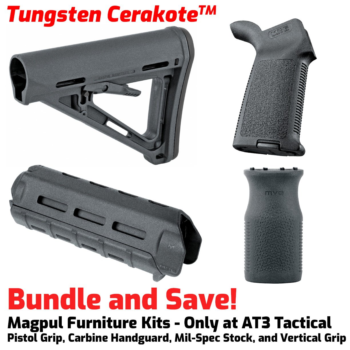 Unknown Magpul MOE M-LOK AR-15 Furniture Kit - Stock, Carbine Handguard & Grip (Color: Tungsten, Optional Foregrip: M-Lok Vertical Foregrip)