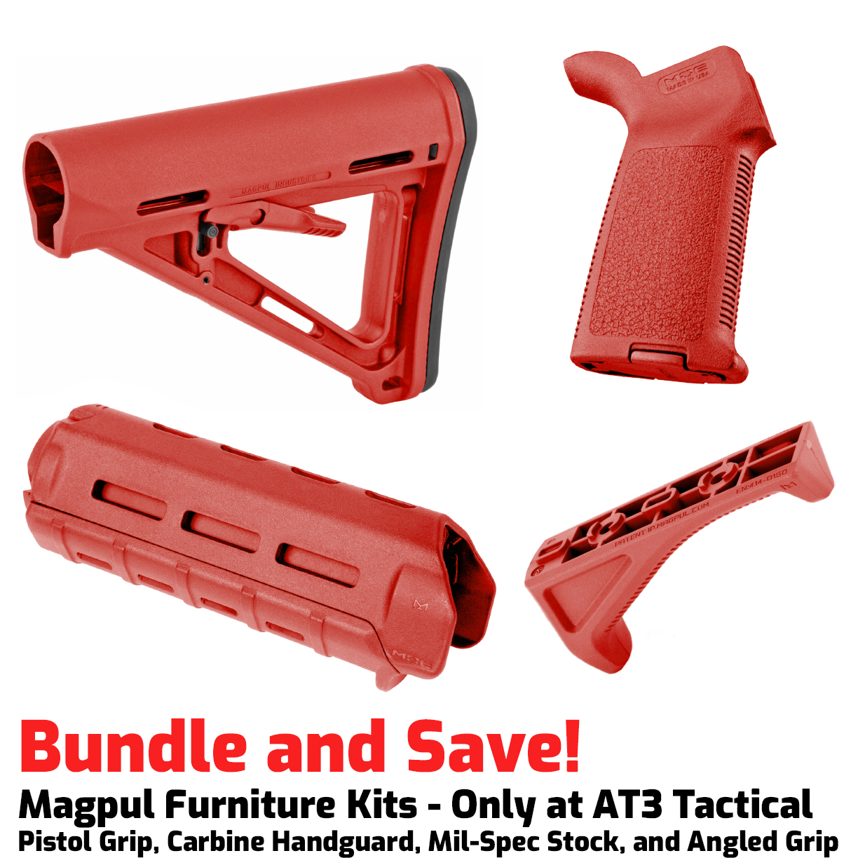 Unknown Magpul MOE M-LOK AR-15 Furniture Kit - Stock, Carbine Handguard & Grip (Color: Red, Optional Foregrip: M-Lok Angled Foregrip)