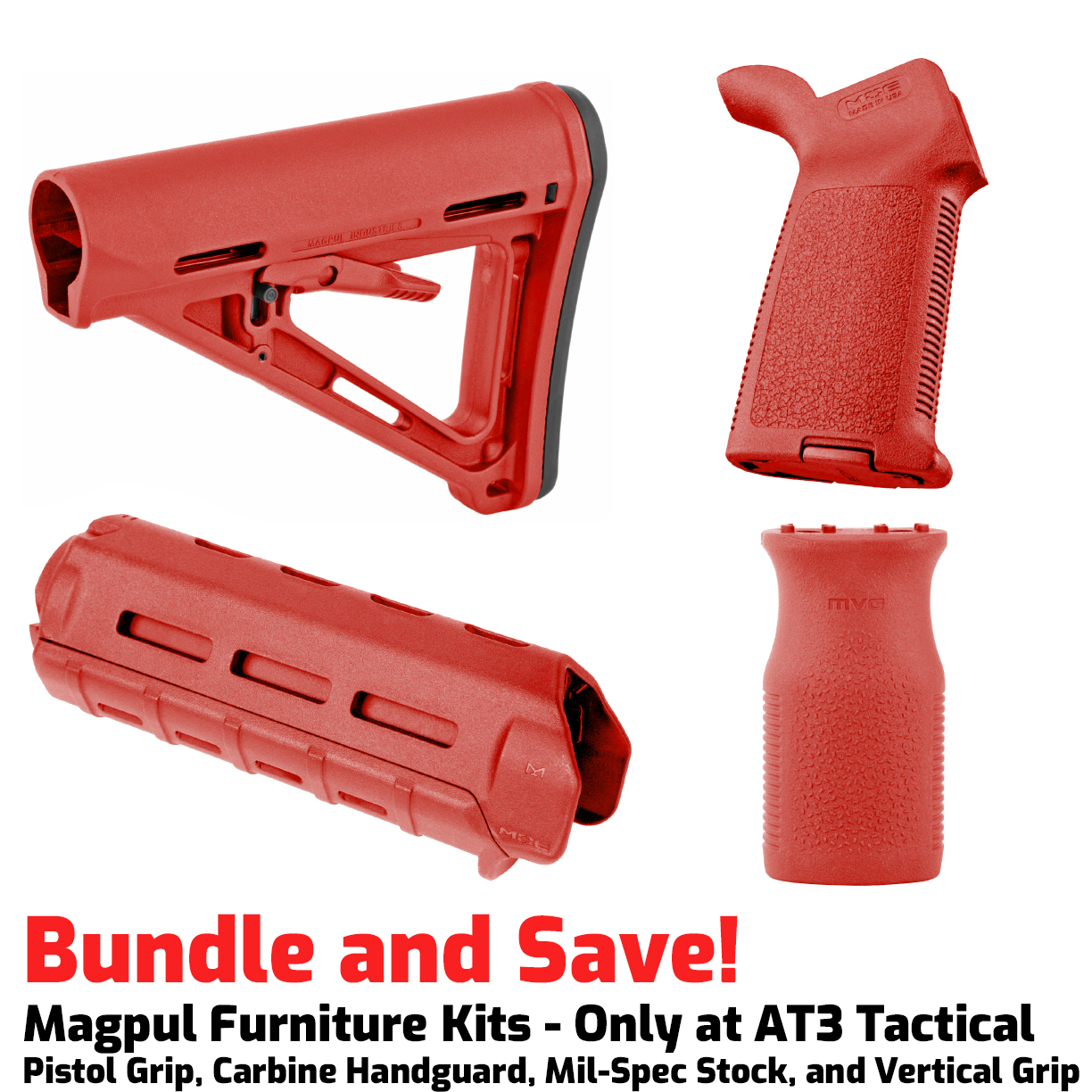 Unknown Magpul MOE M-LOK AR-15 Furniture Kit - Stock, Carbine Handguard & Grip (Color: Red, Optional Foregrip: M-Lok Vertical Foregrip)