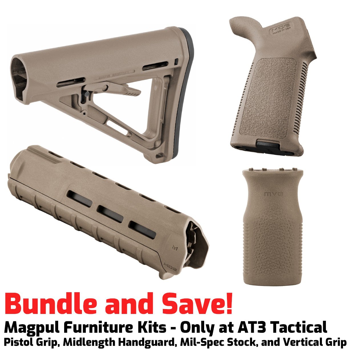 Unknown Magpul Midlength MOE M-LOK Furniture Kit - Stock, Midlength Handguard & Grip for AR-15 (Color: Flat Dark Earth, Optional Foregrip: M-Lok Vertical Foregrip)