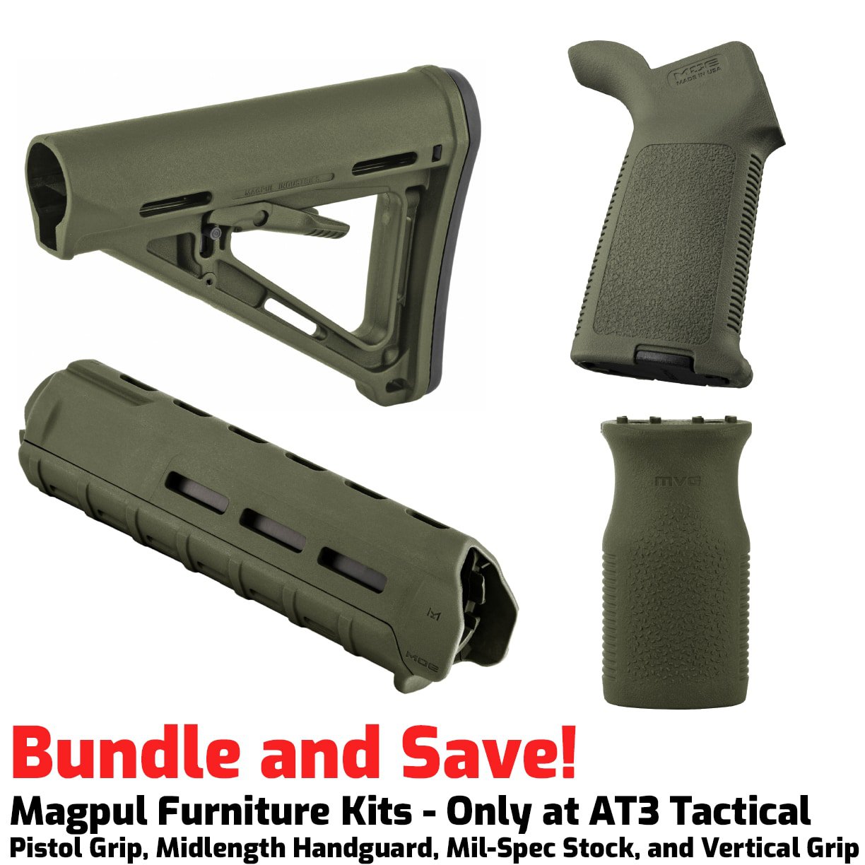 Unknown Magpul Midlength MOE M-LOK Furniture Kit - Stock, Midlength Handguard & Grip for AR-15 (Color: OD Green, Optional Foregrip: M-Lok Vertical Foregrip)