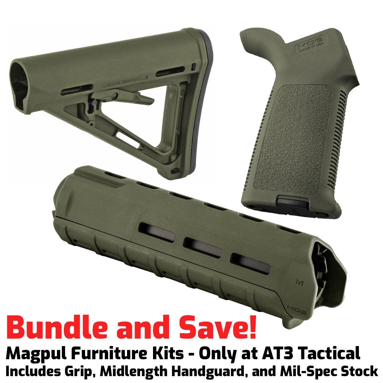 Unknown Magpul Midlength MOE M-LOK Furniture Kit - Stock, Midlength Handguard & Grip for AR-15 (Color: OD Green, Optional Foregrip: None)