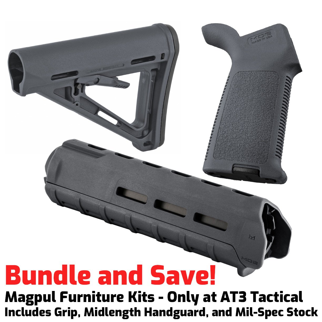 Unknown Magpul Midlength MOE M-LOK Furniture Kit - Stock, Midlength Handguard & Grip for AR-15 (Color: Gray, Optional Foregrip: None)