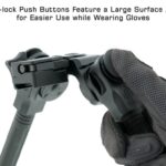 Broad push buttons for legs make them easy to fold or deploy in heavy gloves